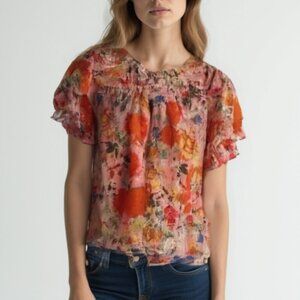 Rose + Olive Floral Ruffle Sleeve Top - Pink and Red M
